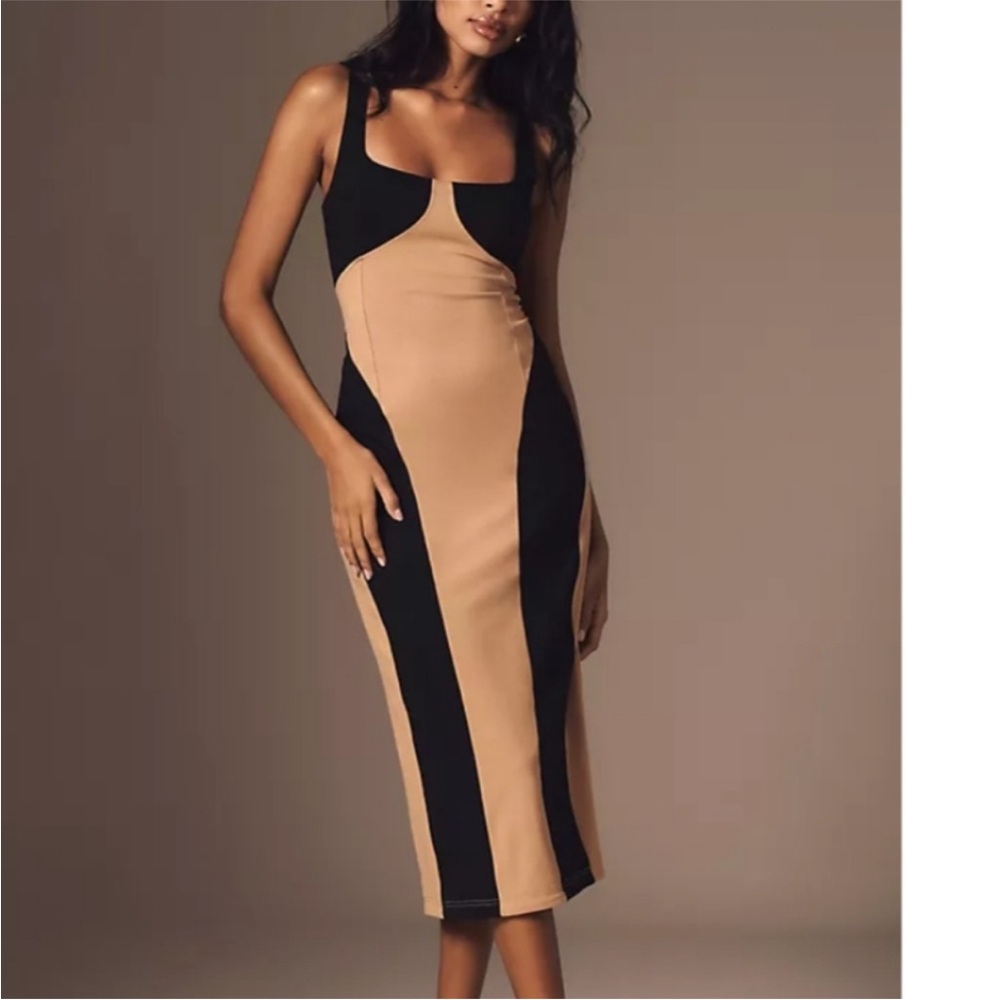 🤎 Anthropologie Black and Tan Colorblock Midi Sleeveless Dress Large NWT